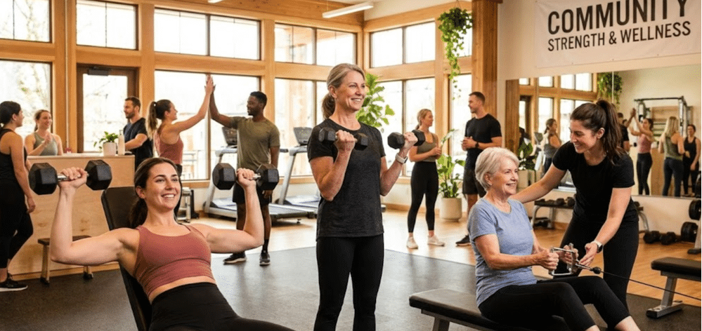 Diverse age group of women strength training together in gym setting