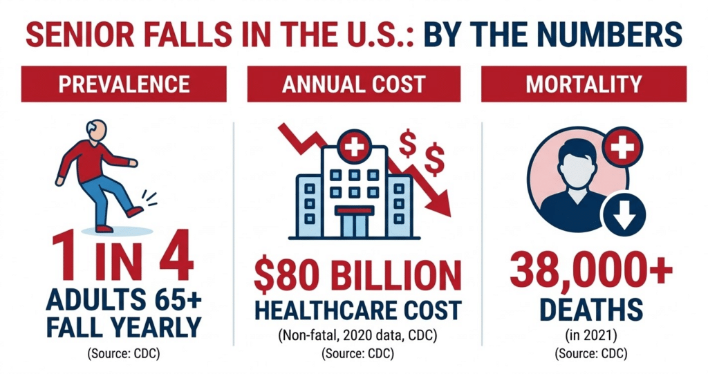 Infographic showing 14 million seniors fall yearly and falls cost  billion in US healthcare