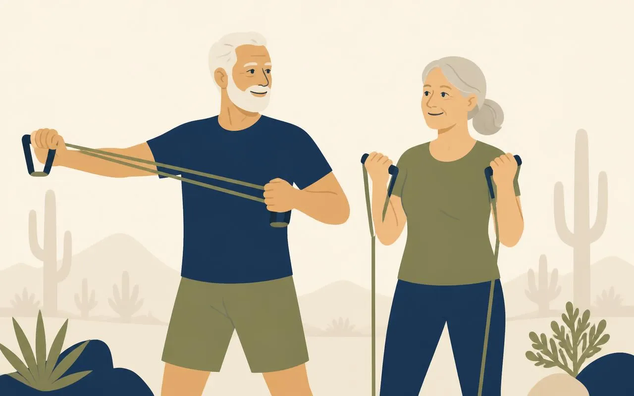 Illustration of two older adults doing resistance band training in the Scottsdale desert