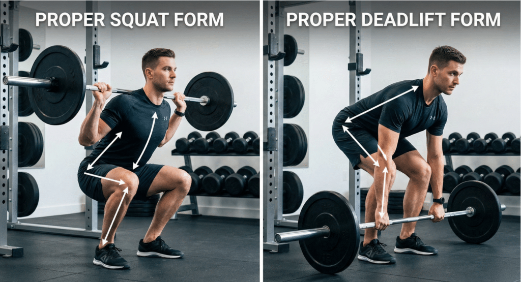 Trainer demonstrating squat and deadlift exercises for bone health program