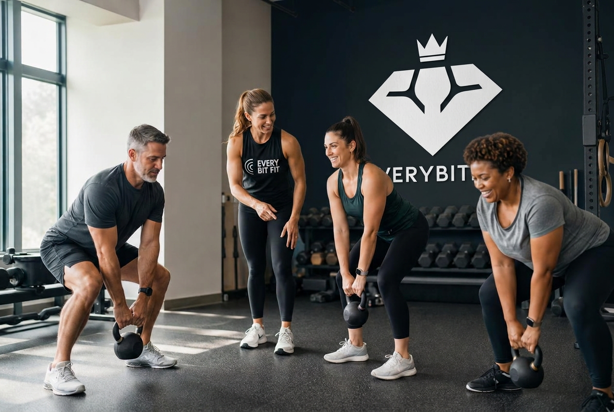 Coach leading a small group kettlebell session at the Everybitfit studio in Scottsdale