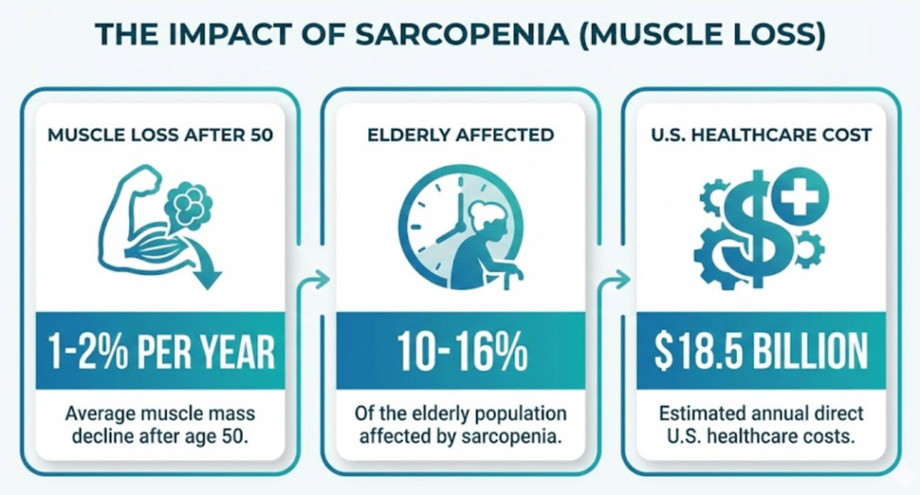 Infographic showing sarcopenia affects 10-16% of adults over 60 and costs .5 billion annually