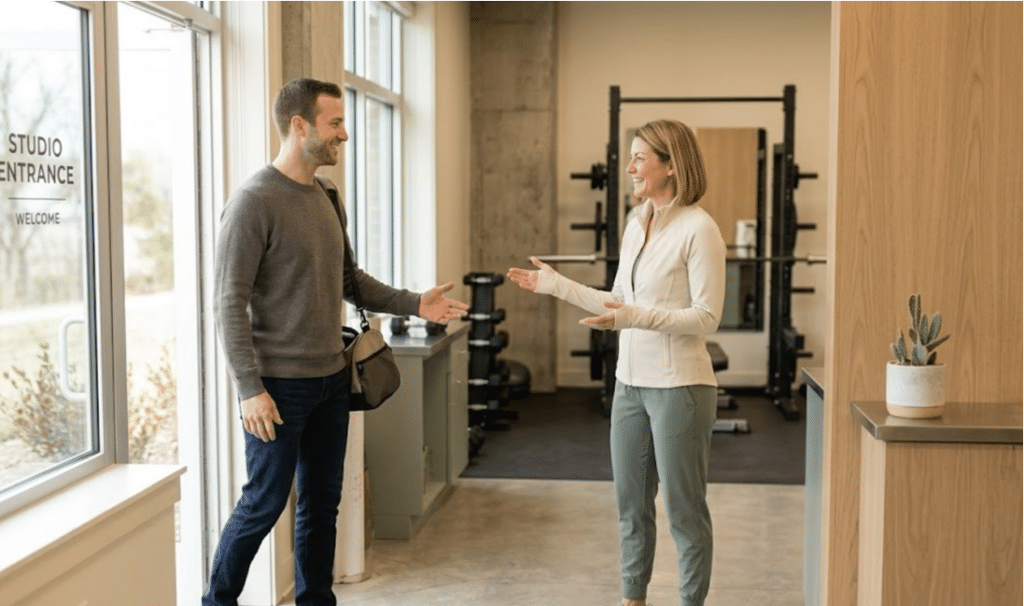 New client being greeted by a personal trainer inside a clean, private Scottsdale fitness studio entrance.