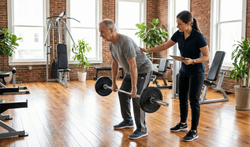 Trainer supervising senior client performing deadlift for osteoporosis bone density improvement