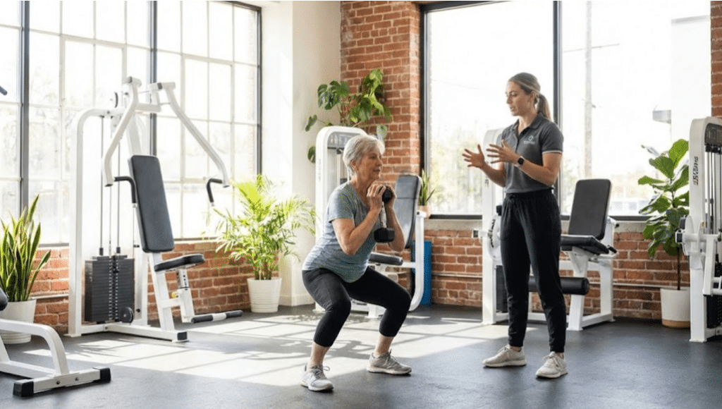 Senior performing supervised squat exercise to combat sarcopenia and build muscle strength