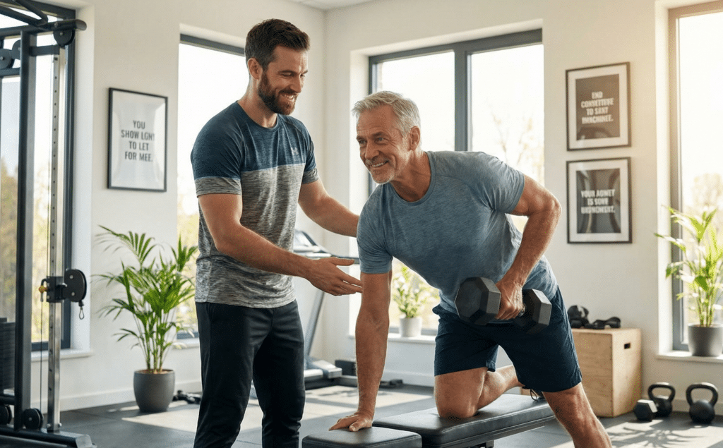 Personal trainer helping older adult perform resistance training to prevent sarcopenia