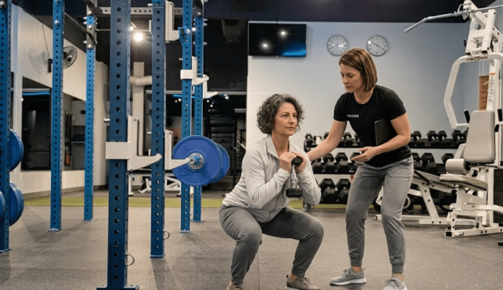 Client performing a guided goblet squat with a light dumbbell under a personal trainer's supervision.