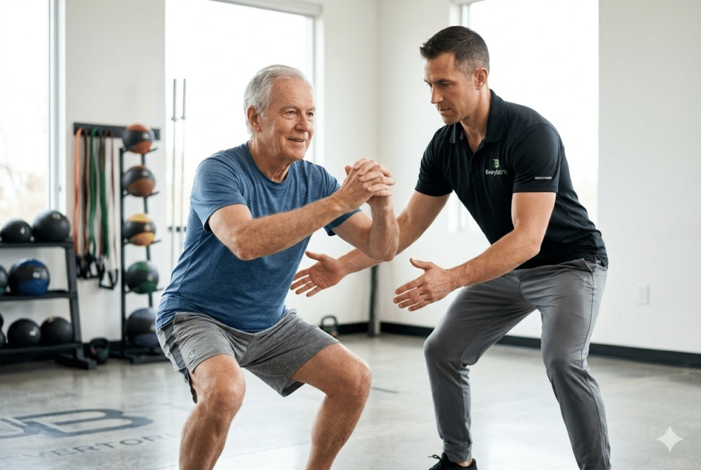 Senior client performing supervised squat exercise with trainer for fall prevention strength
