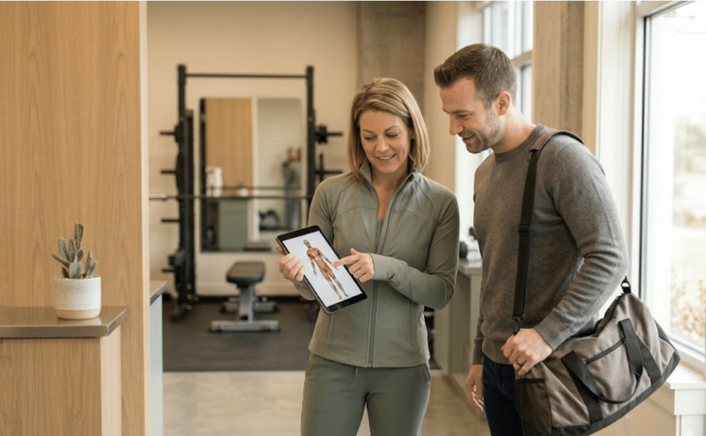 Personal trainer reviewing a 3D body scan and body composition results with a new client on a tablet.