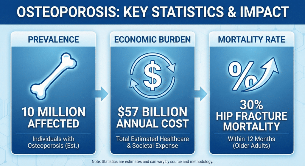 Infographic showing 10 million Americans affected by osteoporosis and  billion annual cost